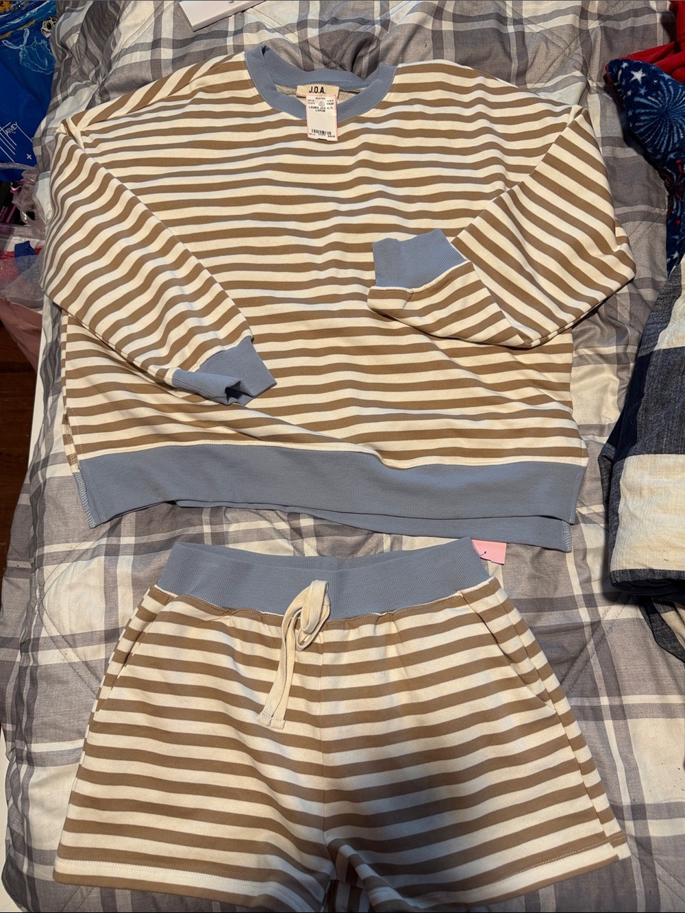 J.O.A. Beige & coffee Striped Pajama/lounge Set with Blue Trim